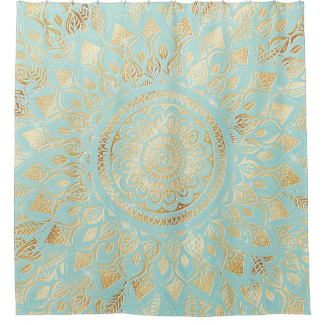Elegant Gold Light Teal Mandala Floral Shower Curtain (Front)