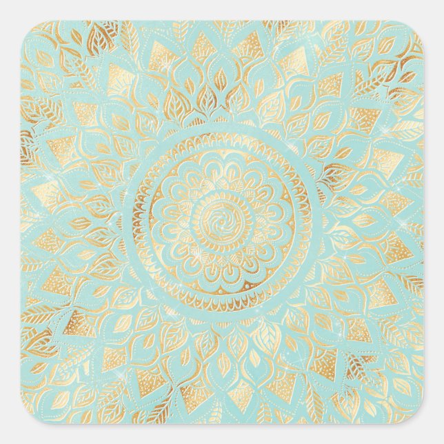 Elegant Gold Light Teal Mandala Floral Square Sticker (Front)