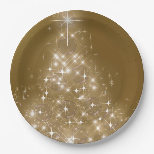 Elegant Gold Lighted Christmas Tree Paper Plate (Front)