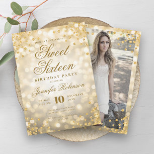 Elegant Gold Lights Glam Confetti Photo Sweet 16 Invitation
