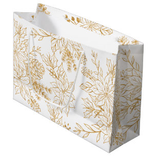 Elegant Gold Line Art Christmas Floral Large Gift Bag