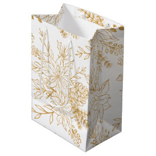 Elegant Gold Line Art Christmas Floral Medium Gift Bag