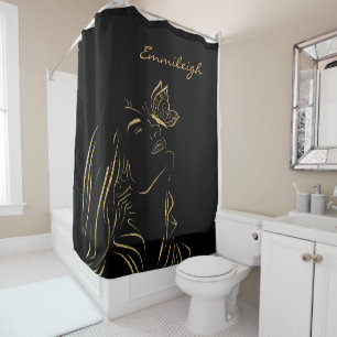 Elegant Gold Line Art Girl Woman Butterfly Black Shower Curtain