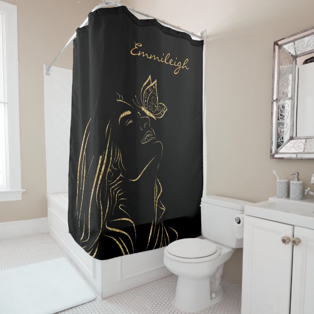 Elegant Gold Line Art Girl Woman Butterfly Black Shower Curtain (In Situ)
