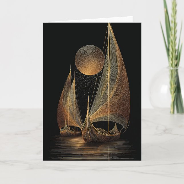 Elegant Gold Line Art Illustration of Longships Card (Front)