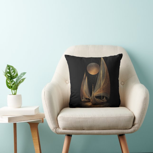 Elegant Gold Line Art Illustration of Longships Cushion (Chair)