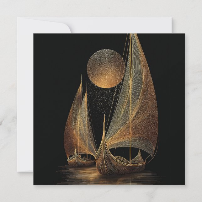 Elegant Gold Line Art Illustration of Longships Holiday Card (Front)