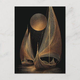 Elegant Gold Line Art Illustration of Longships Holiday Postcard