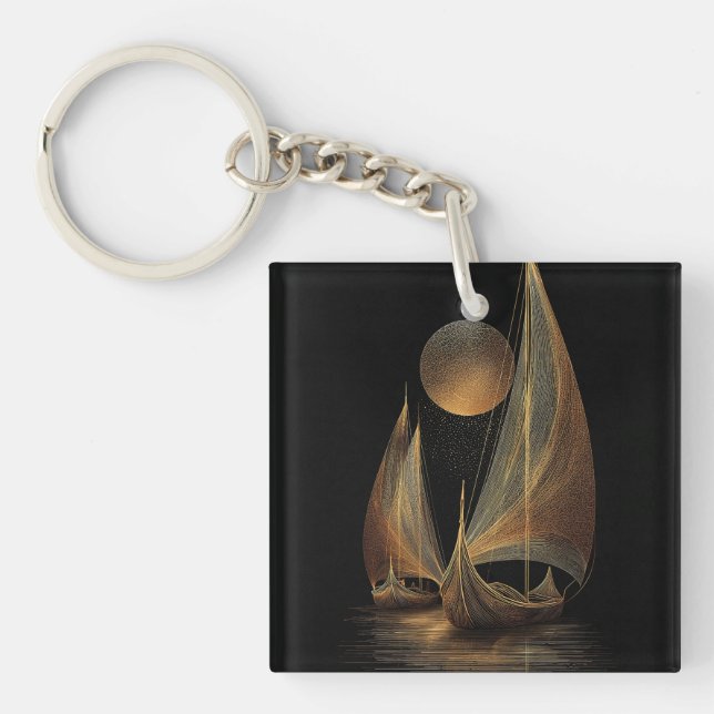 Elegant Gold Line Art Illustration of Longships Key Ring (Front)