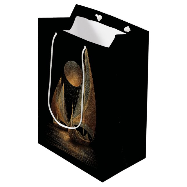 Elegant Gold Line Art Illustration of Longships Medium Gift Bag (Front Angled)