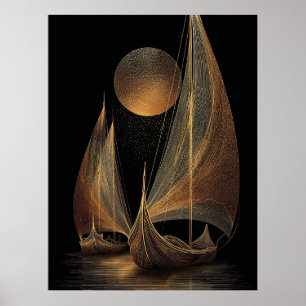 Elegant Gold Line Art Illustration of Longships Poster