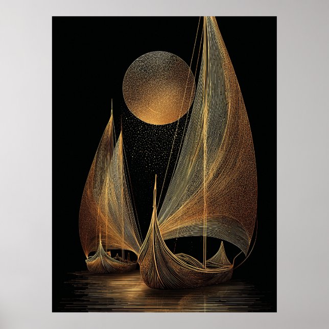 Elegant Gold Line Art Illustration of Longships Poster (Front)