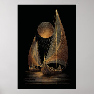 Elegant Gold Line Art Illustration of Longships Poster
