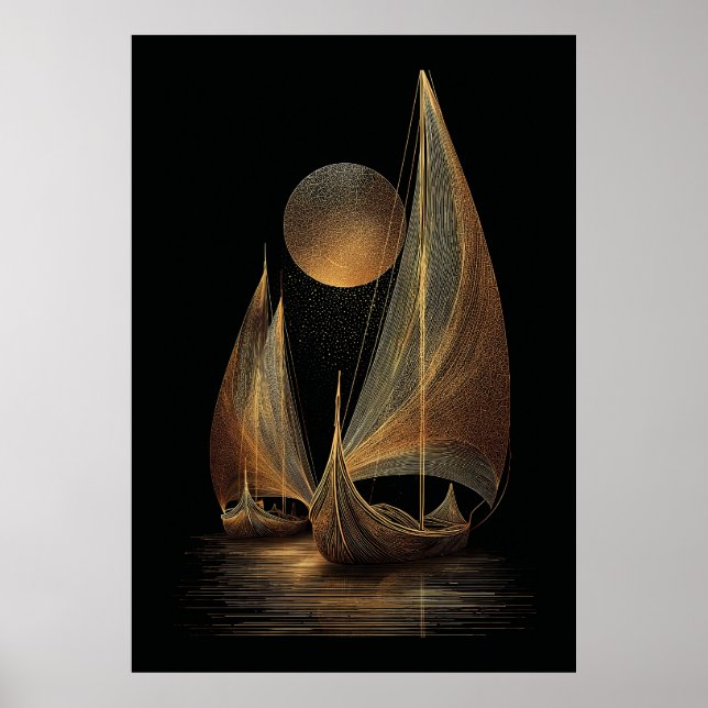 Elegant Gold Line Art Illustration of Longships Poster (Front)