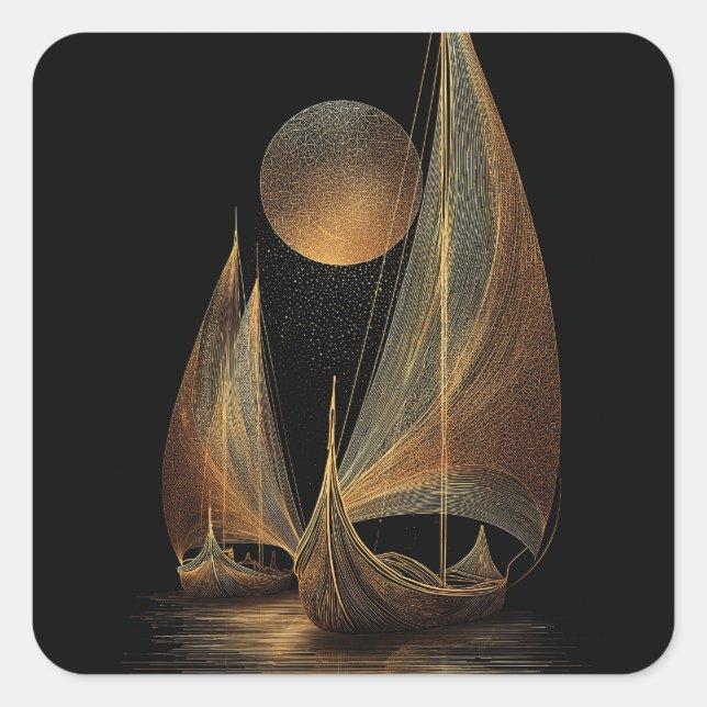 Elegant Gold Line Art Illustration of Longships Square Sticker (Front)