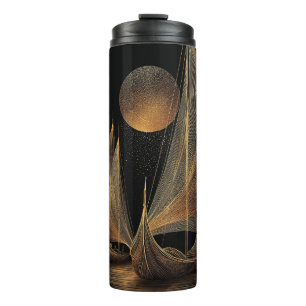 Elegant Gold Line Art Illustration of Longships Thermal Tumbler