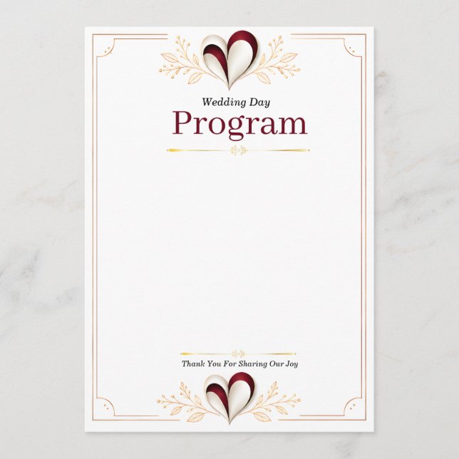  Elegant Gold Line Border with Burgundy 3D Hearts  Programme (Front)