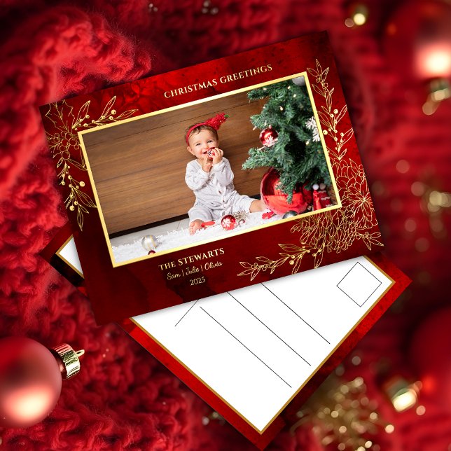 Elegant Gold Line Drawn Christmas Botanical Photo Foil Holiday Postcard (Creator Uploaded)