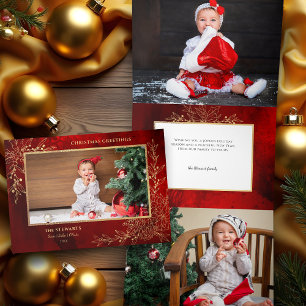 Elegant Gold Line Drawn Christmas Botanical Photo Tri-Fold Holiday Card