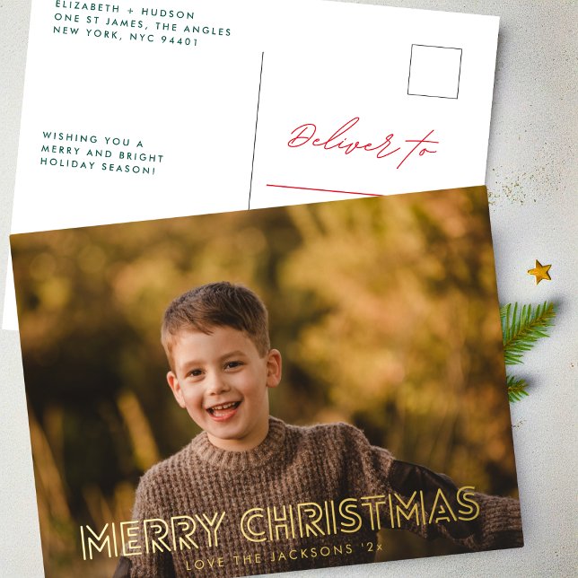Elegant GOLD LINES Merry Christmas Family Photo Foil Holiday Postcard (Creator Uploaded)