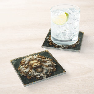 Elegant Gold Lion with Royal Features Glass Coaster