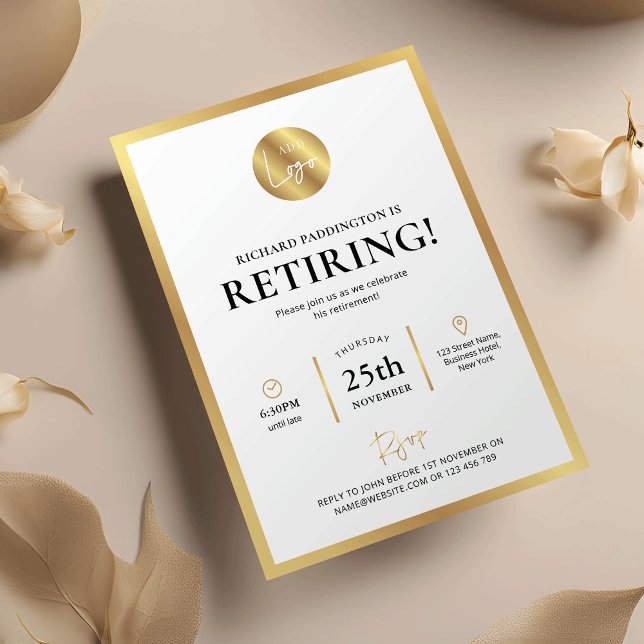 Elegant Gold Logo Formal Employee Retirement Party Invitation (Modern white and faux gold retirement party business invitation with your logo)