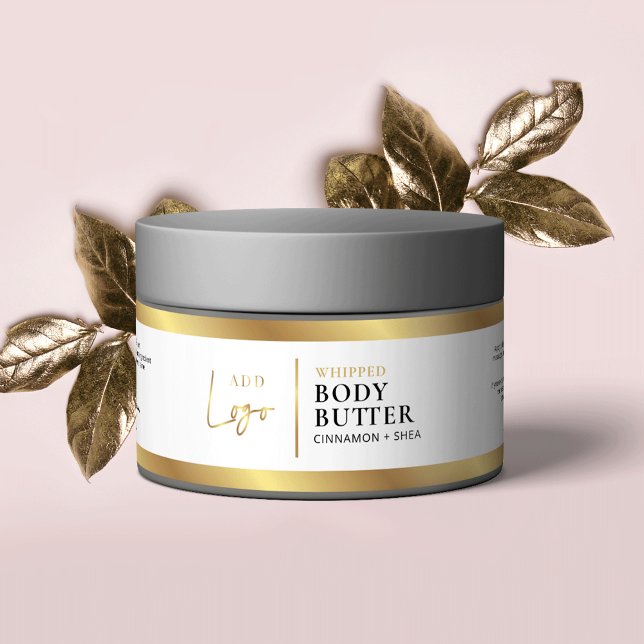 Elegant Gold Logo Lux Cosmetic Jar Wrapper Label (White and faux gold cosmetic jar label with space for ingredients and your brand logo)