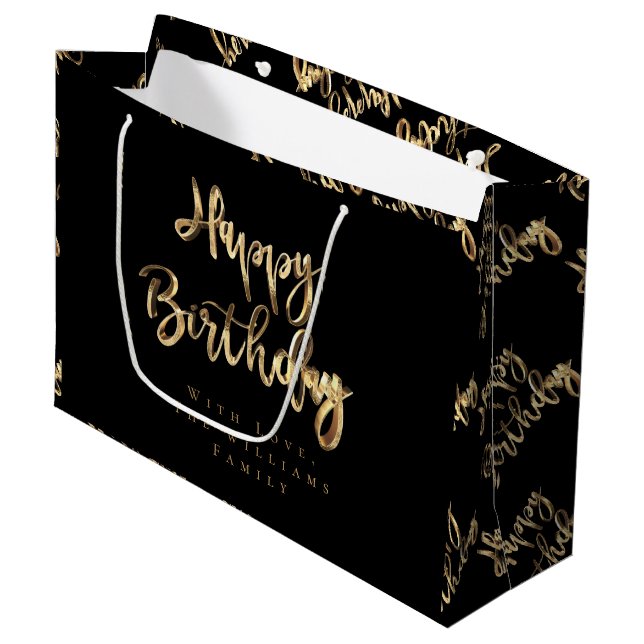 Elegant Gold Look Happy Birthday Black Large Gift Bag (Front Angled)