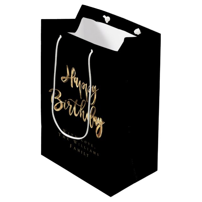 Elegant Gold Look Happy Birthday Black Medium Gift Bag (Front Angled)