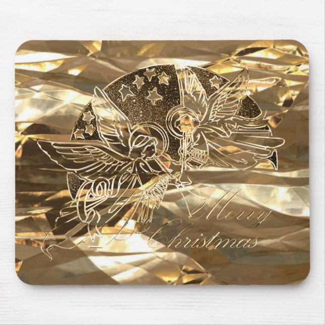 Elegant Gold Look Merry Christmas Angels Mouse Mat (Front)