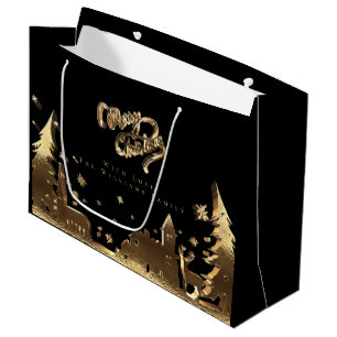 Elegant Gold Look Merry Christmas Village Large Gift Bag