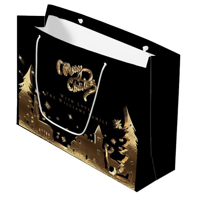 Elegant Gold Look Merry Christmas Village Large Gift Bag (Front Angled)