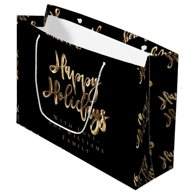 Elegant Gold Look Script Black Happy Holidays Large Gift Bag (Front Angled)