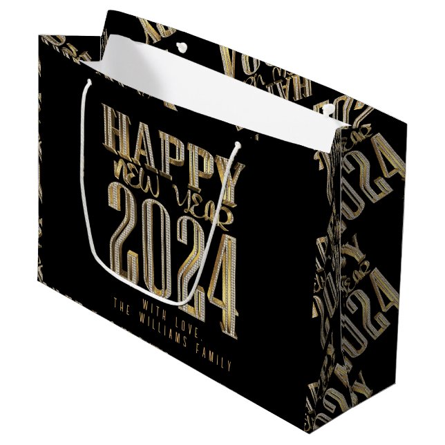 Elegant Gold Look Script Black Happy New Year 2024 Large Gift Bag (Front Angled)