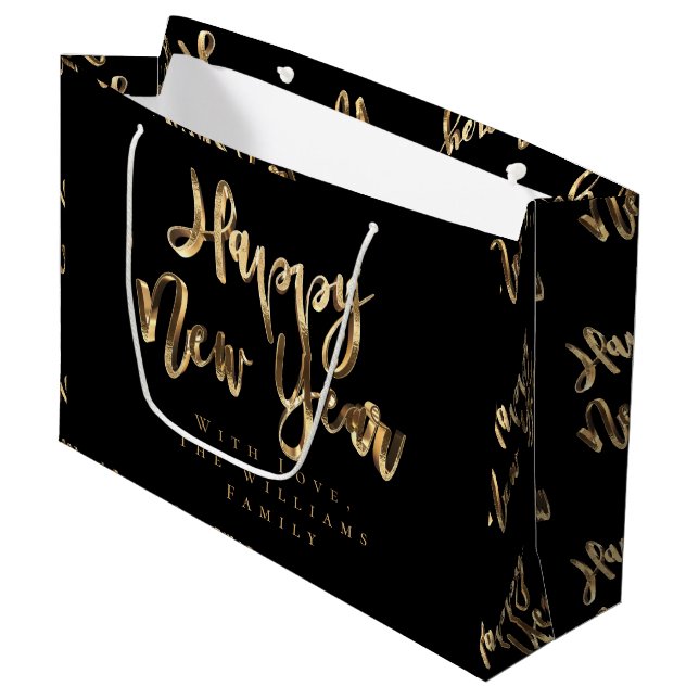 Elegant Gold Look Script Black Happy New Year Large Gift Bag (Front Angled)