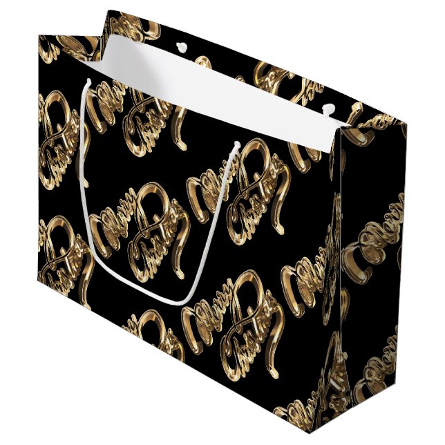 Elegant Gold Look Script Black Merry Christmas Large Gift Bag (Front Angled)