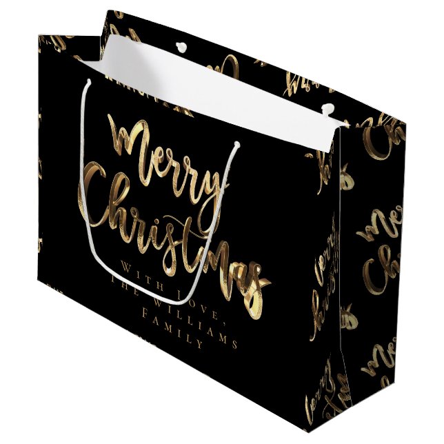 Elegant Gold Look Script Black Merry Christmas Large Gift Bag (Front Angled)