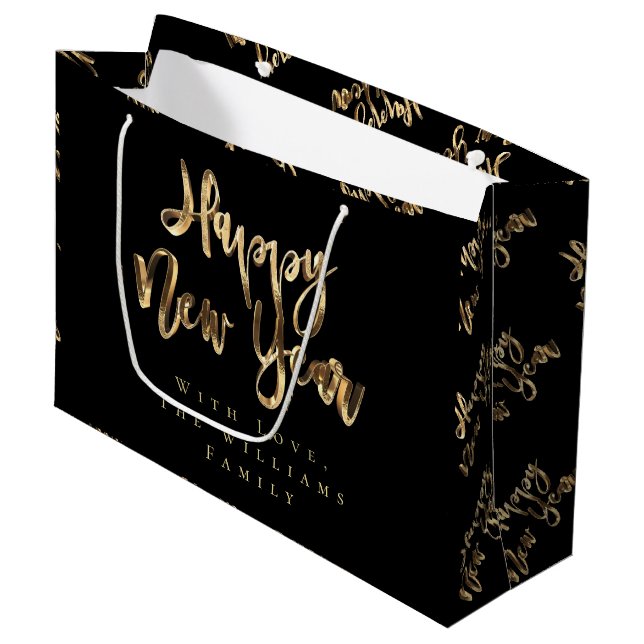 Elegant Gold Look Script Happy New Year Black Large Gift Bag (Front Angled)
