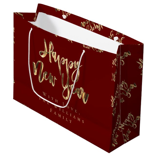 Elegant Gold Look Script Happy New Year Red Large Gift Bag (Front Angled)