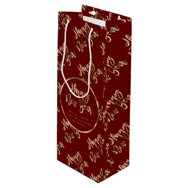 Elegant Gold Look Script Happy New Year Red Wine Gift Bag (Front Angled)