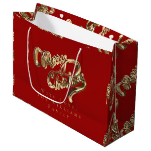 Elegant Gold Look Script Merry Christmas Red Large Gift Bag