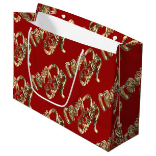Elegant Gold Look Script Red Merry Christmas Large Gift Bag