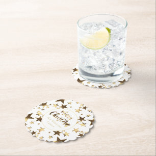 Elegant Gold Look Stars Pattern Merry Christmas Paper Coaster