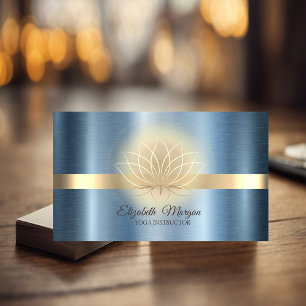 Elegant Gold,Lotus Blue Metallic Yoga Instructor Business Card