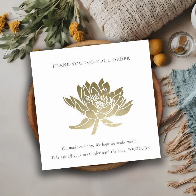 ELEGANT GOLD LOTUS FLORAL LOGO SHOPPING THANK YOU SQUARE BUSINESS CARD (Creator Uploaded)