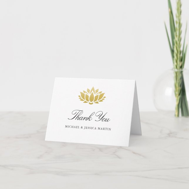 Elegant Gold Lotus Flower Custom Wedding Thank You Card (Front)
