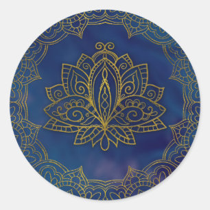 Elegant Gold Lotus flower on blue Classic Round Sticker