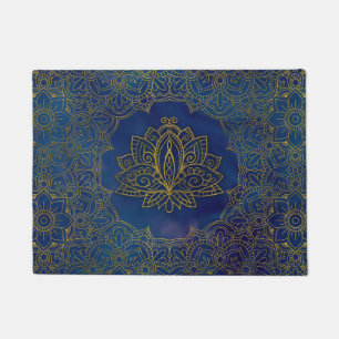 Elegant  Gold Lotus flower on blue Doormat