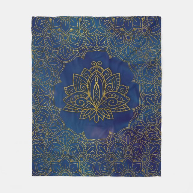 Elegant  Gold Lotus flower on blue Fleece Blanket (Front)