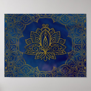 Elegant Gold Lotus flower on blue Poster